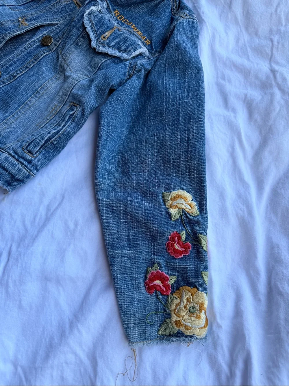 Celebrity Pink Blue Denim Jacket with Red & Yellow Floral Embroidery